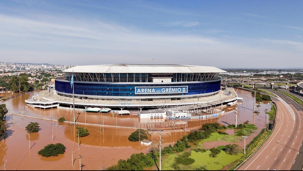 A drone view shows the flooded Arena Gremio stadium in Porto Alegre, in Rio Grande do Sul state, Brazil, May 6, 2024. 