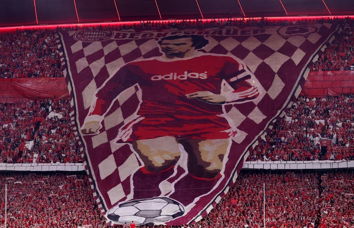 A general view of a Tifo of Franz Beckenbauer, former German football player and manager, seen inside the stadium during the UEFA Champions League semifinal first leg match between FC Bayern München and Real Madrid at Allianz Arena on April 30, 2024, in Munich, Germany. 
