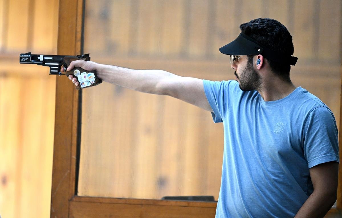 Vijayveer during the Olympic selection trail four at the MP shooting academy in Bhopal on Monday 13 May 2024.