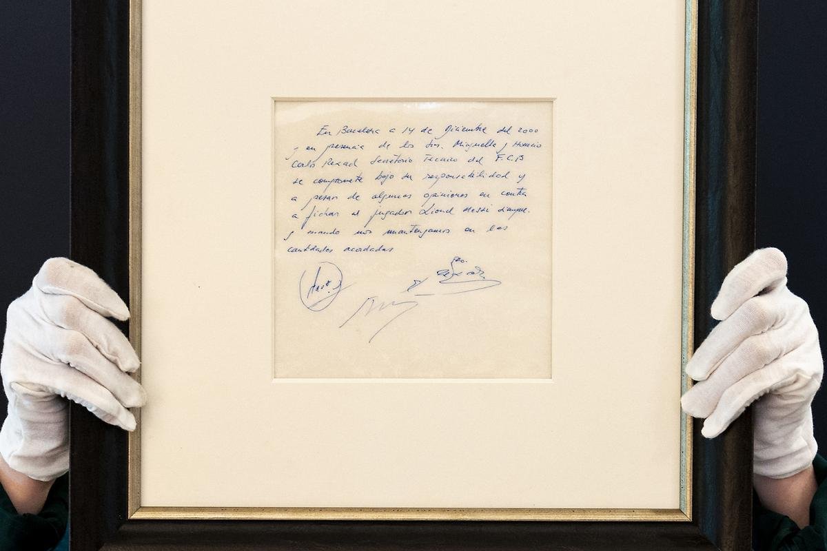 The napkin on which a written commitment was made to then-13-year-old Lionel Messi from Argentina for a contract from FC Barcelona in December 2000.