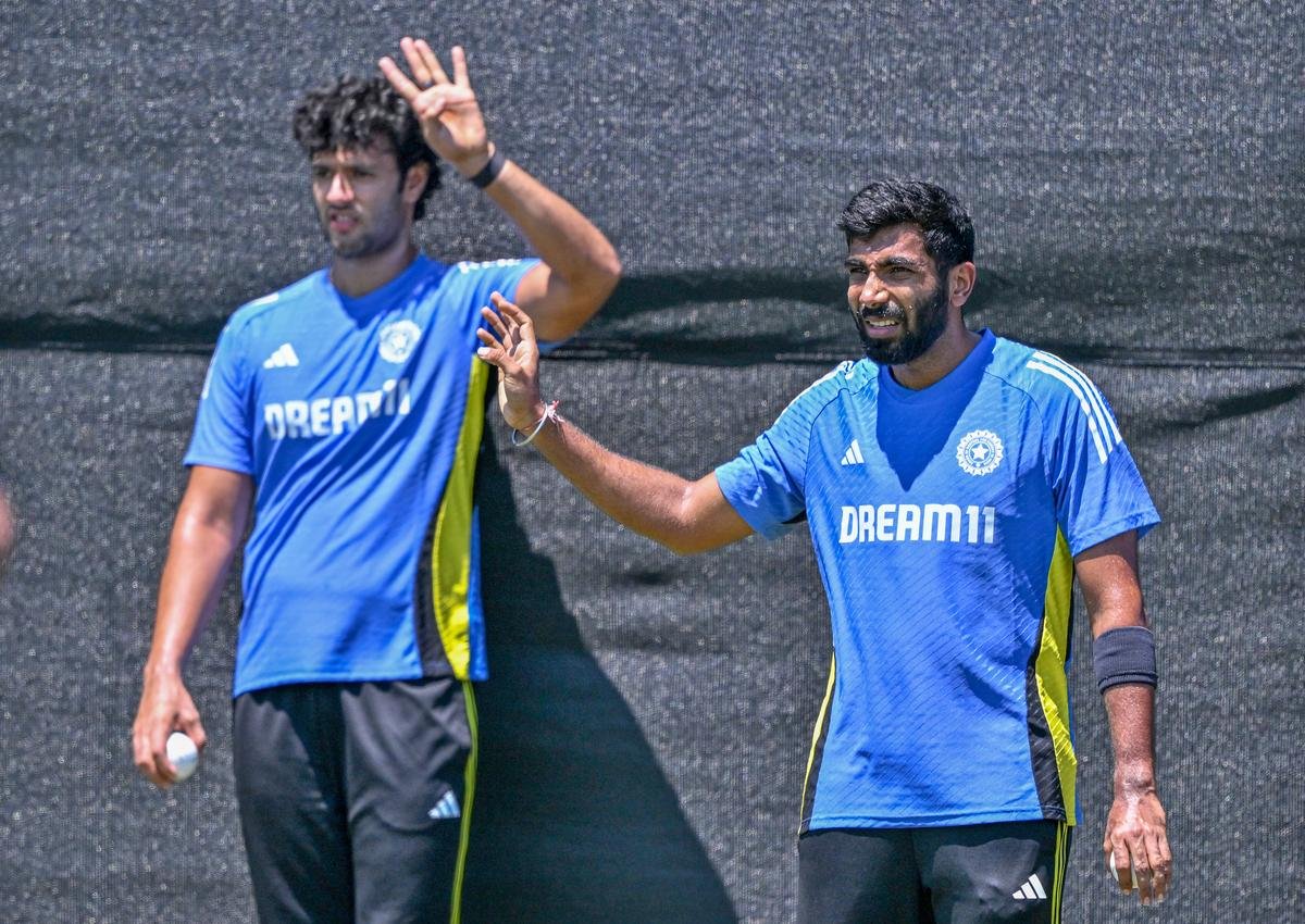 India’s Jasprit Bumrah and Shivam Dube practicing at the Cantiague Park in New York, before the Ireland clash on Wednesday.