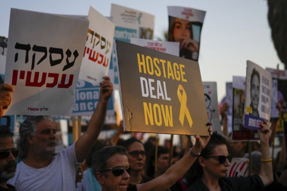Demonstrators outside a US diplomatic mission in Tel Aviv, Israel, call for the release of the hostages from Hamas captivity in the Gaza Strip on Monday.
