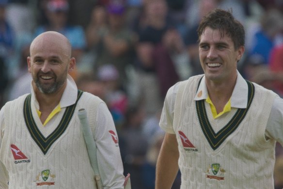 Nathan Lyon and Australian captain Pat Cummins in a scene from The Test.