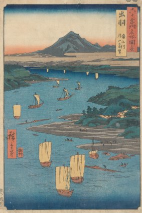 Utagawa Hiroshige’s Distant View of Moon Mountain from Mogami River, Dewa Province (1856).