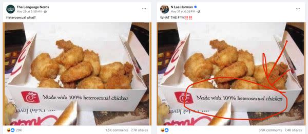 A photo purportedly showed a Chick-fil-A chicken nuggets container with the words made with 100 percent heterosexual chicken.