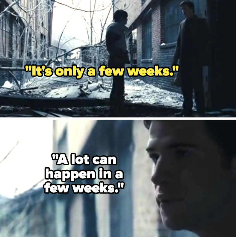 Upper image: Two people stand in an urban setting with debris. Text reads, "It's only a few weeks."Lower image: Close-up of a person. Text reads, "A lot can happen in a few weeks."