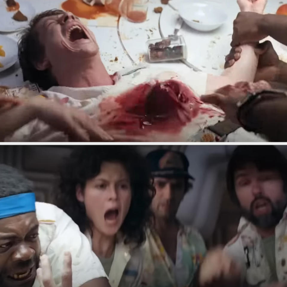 Upper image: A man screams as a hand forcibly pulls an object from his bloody chest during a chaotic table scene.Lower image: Four people react in horror, with one covering their face while others look shocked