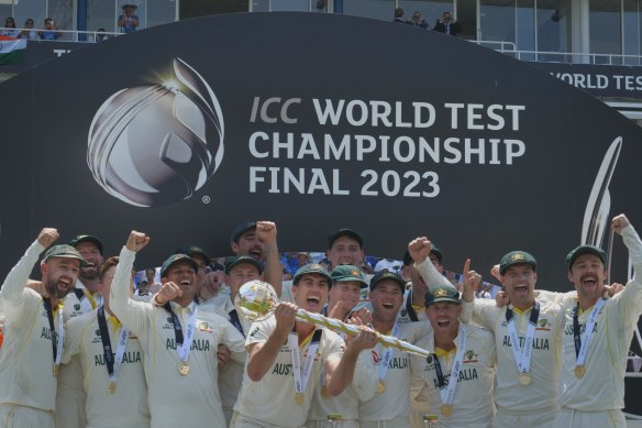 The Australian cricket team celebrates beating India in the World Test Championship final in London in 2023.