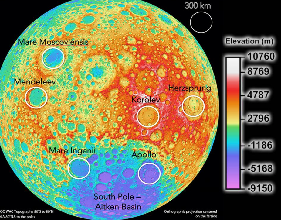 The only six sites on the farside of the Moon suitable for telescope arrays of around 200km across.