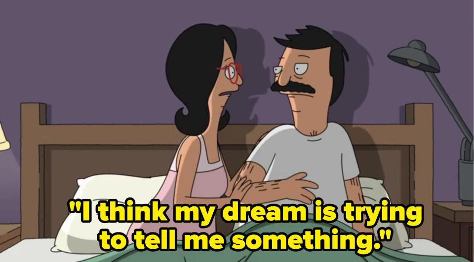Bob and Linda from Bob's Burgers are sitting in bed, looking at each other with concerned expressions