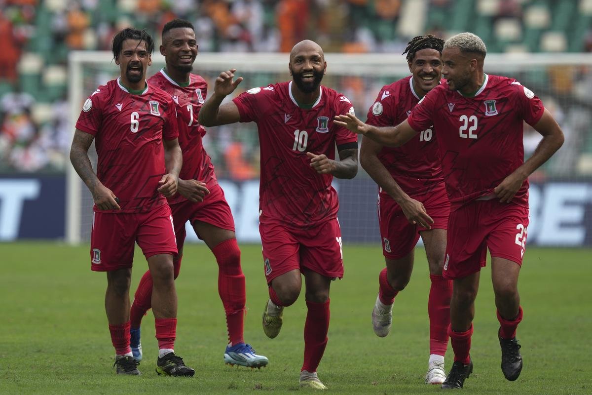 Equatorial Guinea’s Emilio Nsue, centre, celebrates with his teammates after scoring a goal during the African Cup of Nations Group A match between Equatorial Guinea and Guinea Bissau.