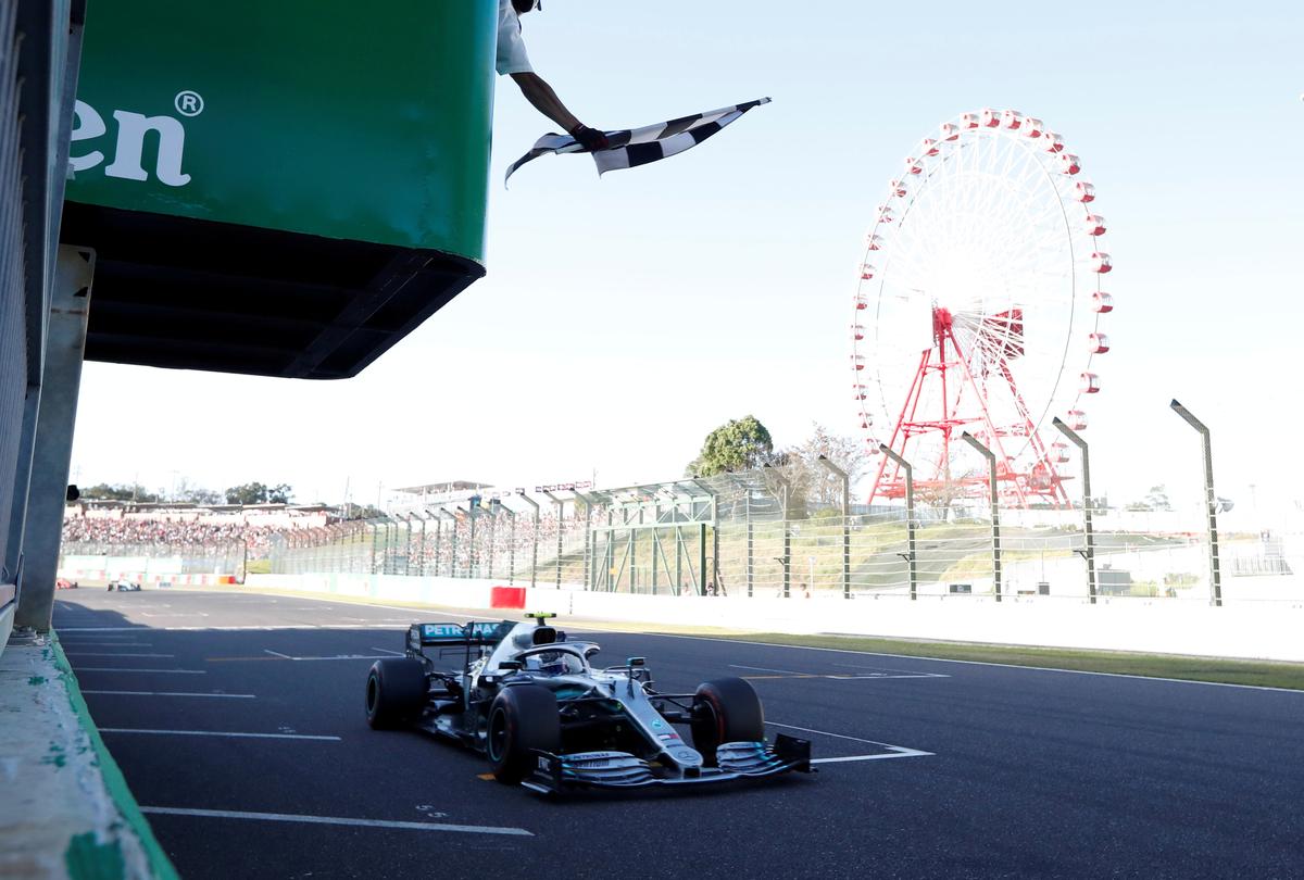 Mercedes’ Valtteri Bottas crosses the finish as the first grade during the Japanese Grand Prix race.