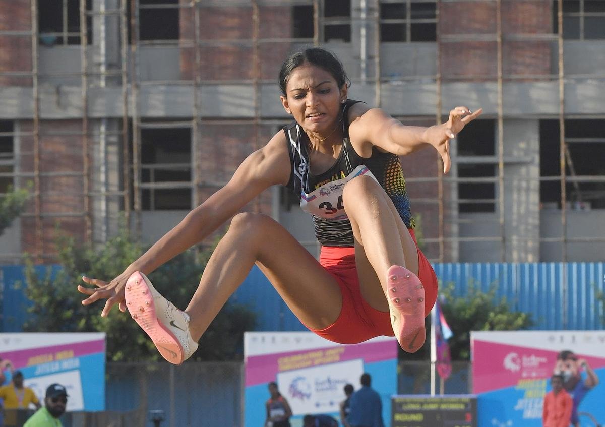Nayana James of Kerala, who won the gold in the women’s long jump event, in action during the 36th National Games in Gandhinagar on October 03, 2022.