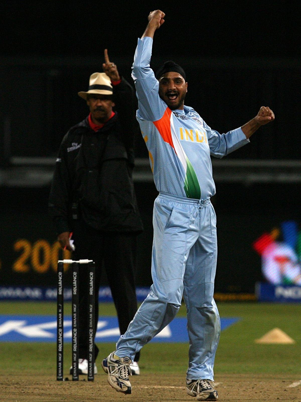 India’s Harbhajan Singh celebrates against Pakistan in a bowl-out. 