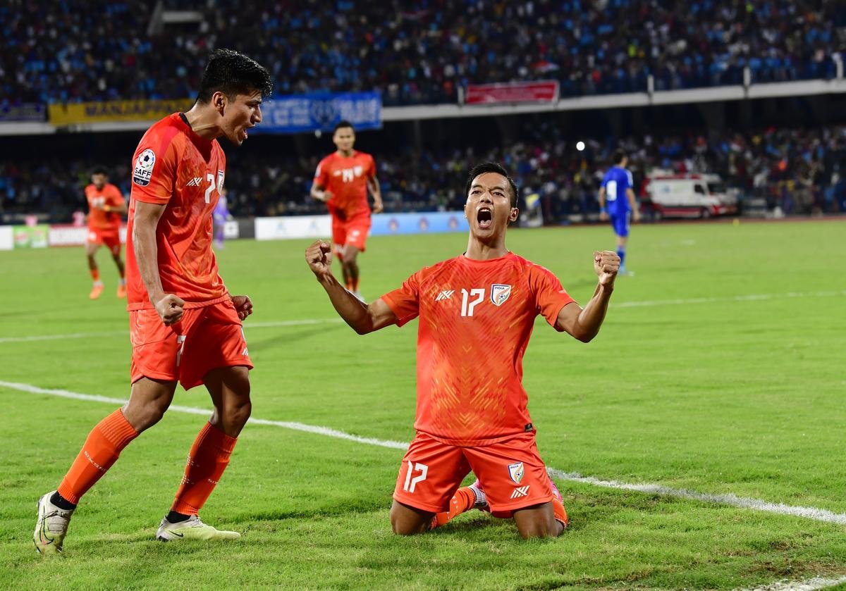 India’s Lallianzuala Chhangte (17-orange) celebrates after scoring a goal against Kuwait during the final football match of SAFF Championship 2023 at Kanteerava Stadium, in Bengaluru on July 4, 2023. 