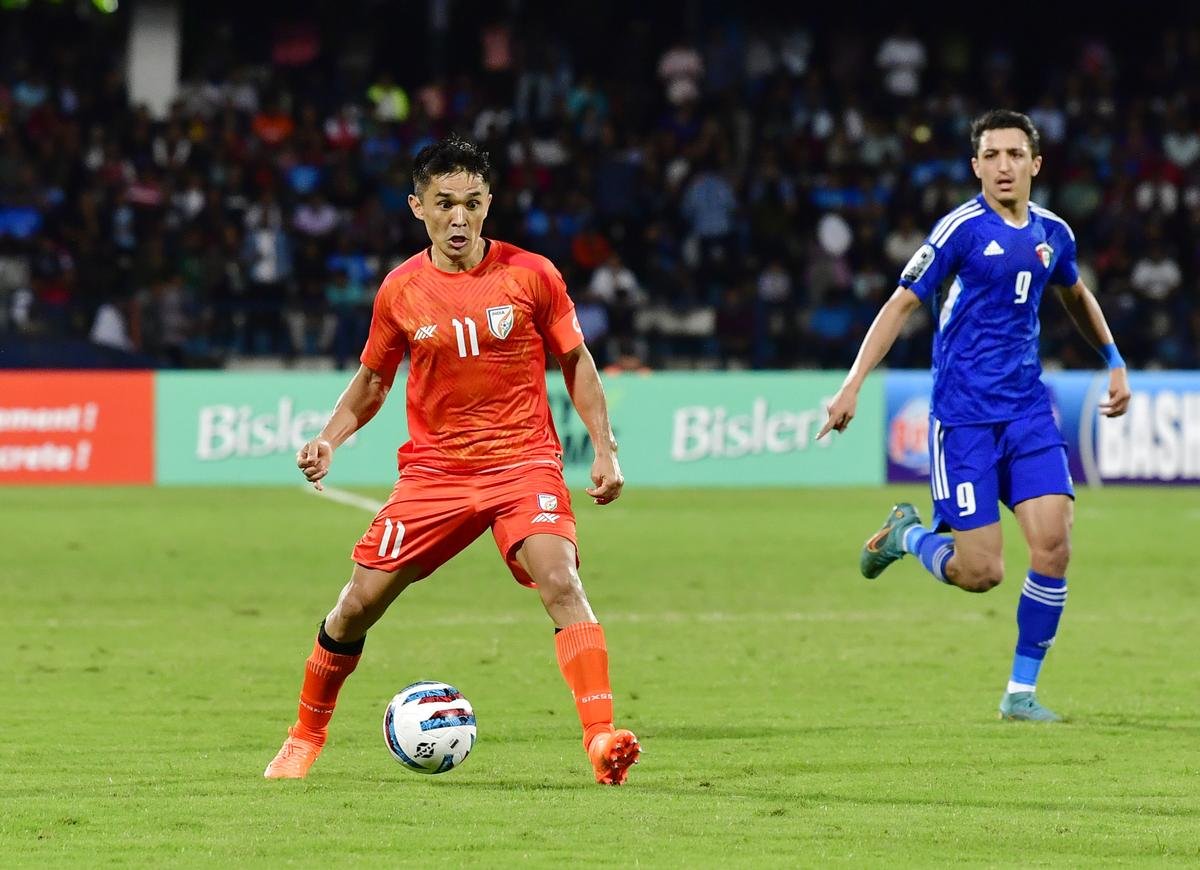 File - Sunil Chhetri in action against Kuwait in the 2023 SAFF Championship. 