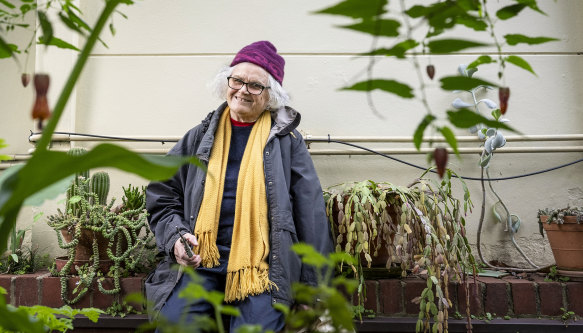 Former columnist for The Age Adele Hulse, OAM, in the garden she revived at Tara Institute Buddhist centre in Brighton East.