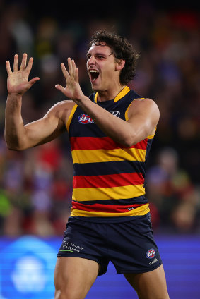 James Borlase celebrates his first goal in the AFL.