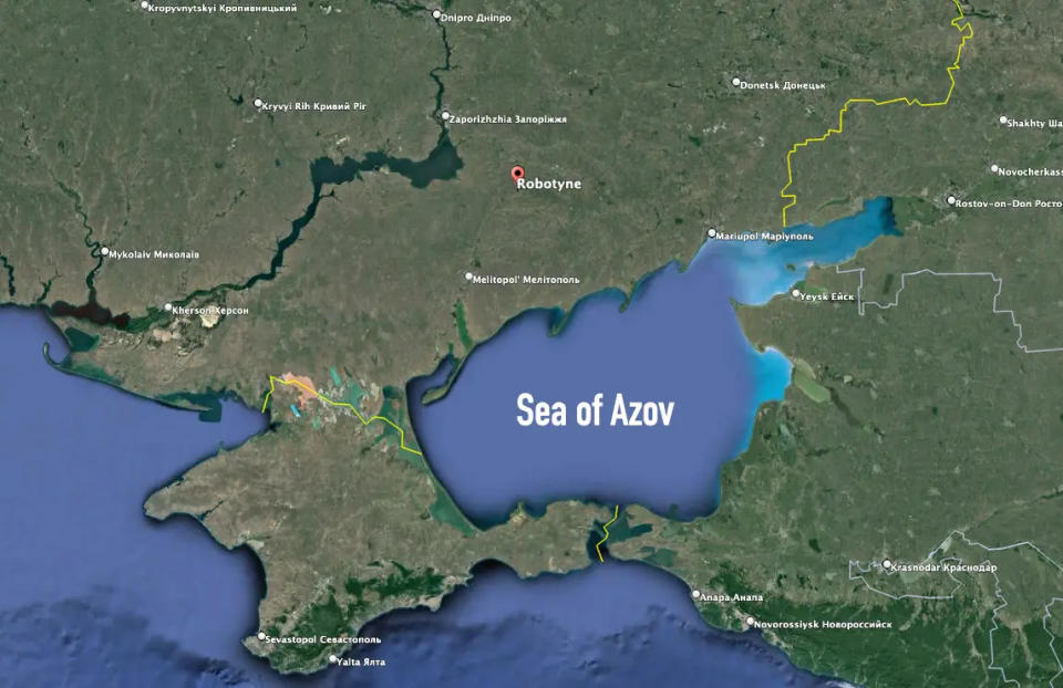 A map showing the Sea of Azov as well as Robotyne, which is really the closest Ukraine regularly operates to that body of water, a distance of roughly 55 miles. <em>Google Earth </em>