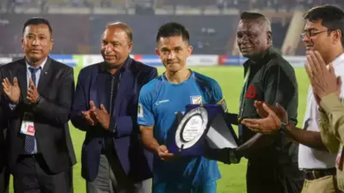 Sunil Chhetri being felicitated ahead of his 150th appearance for India. 
