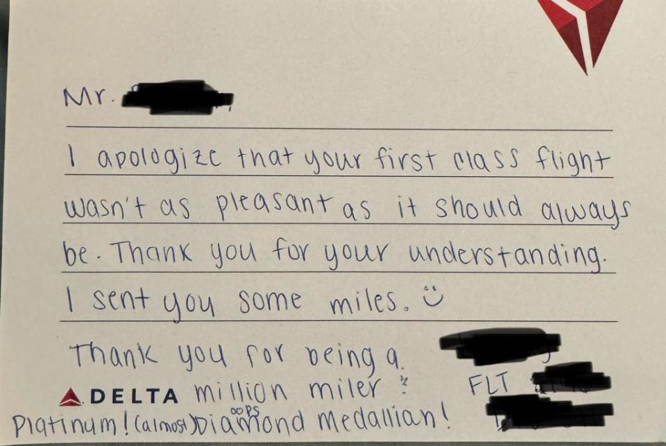 “I apologize that your first-class flight wasn’t as pleasant as it should always be. Thank you for your understanding. I sent you some miles. Thank you for being a million miler,” the note read. Reddit