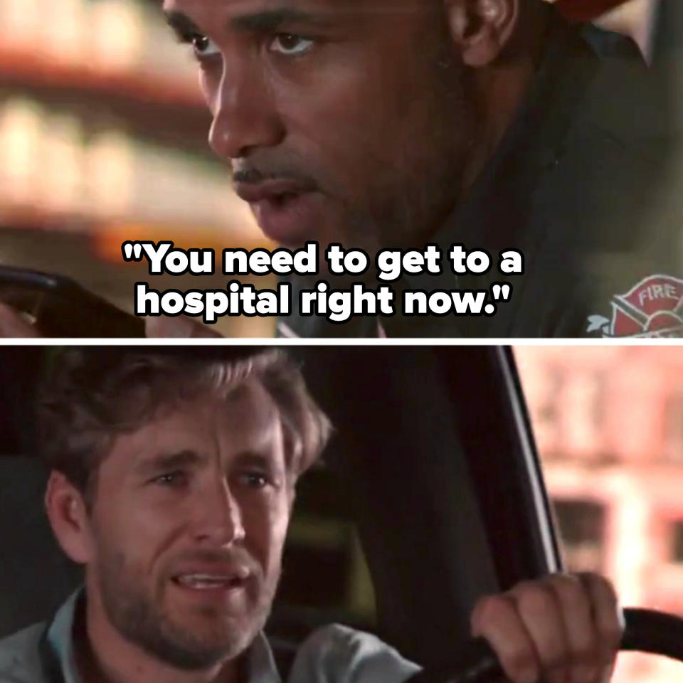 Top image: Jason George, as a firefighter, looking serious while driving. Bottom image: Grey Damon appears distressed while driving