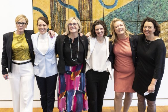 Some of the teal MPs who have taken Liberal seats (from left) – Zoe Daniel, Sophie Scamps, Zali Steggall, Spender, Kylea Tink and Monique Ryan.