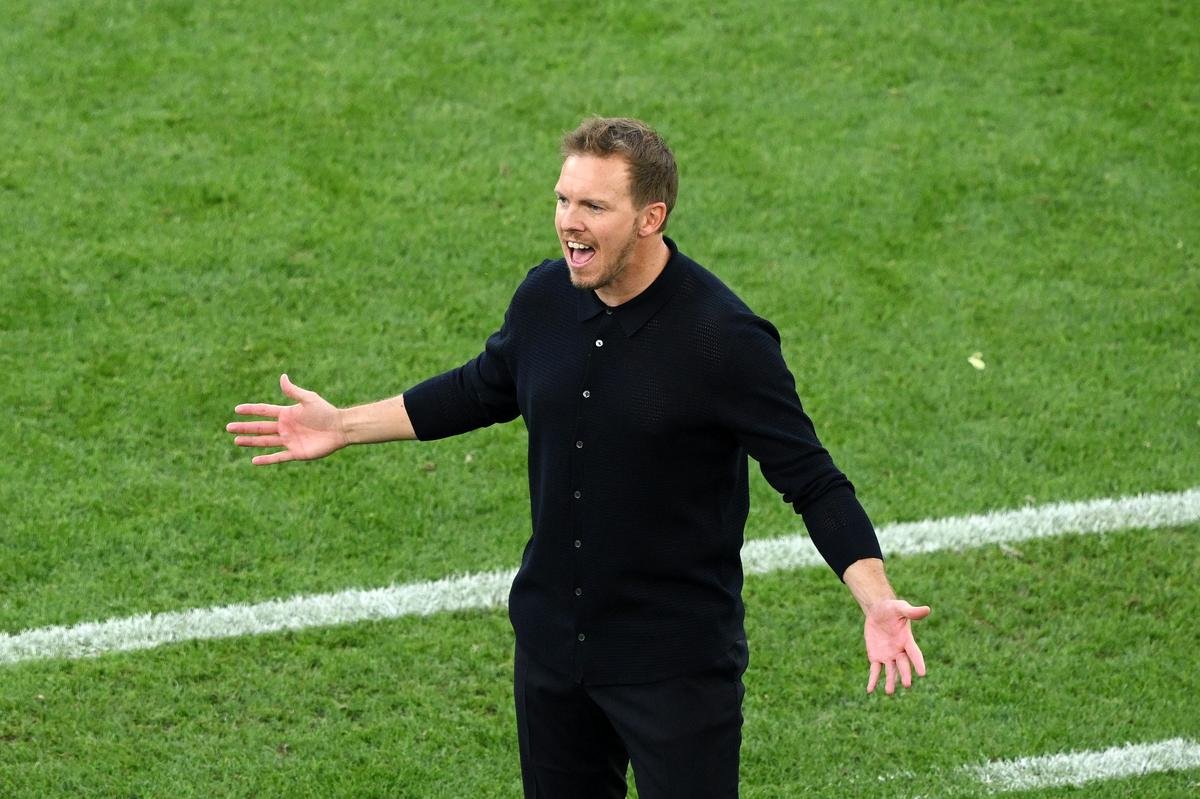 Nagelsmann, Head Coach of Germany, appeals for the penalty after a handball in the UEFA EURO 2024 quarterfinal.